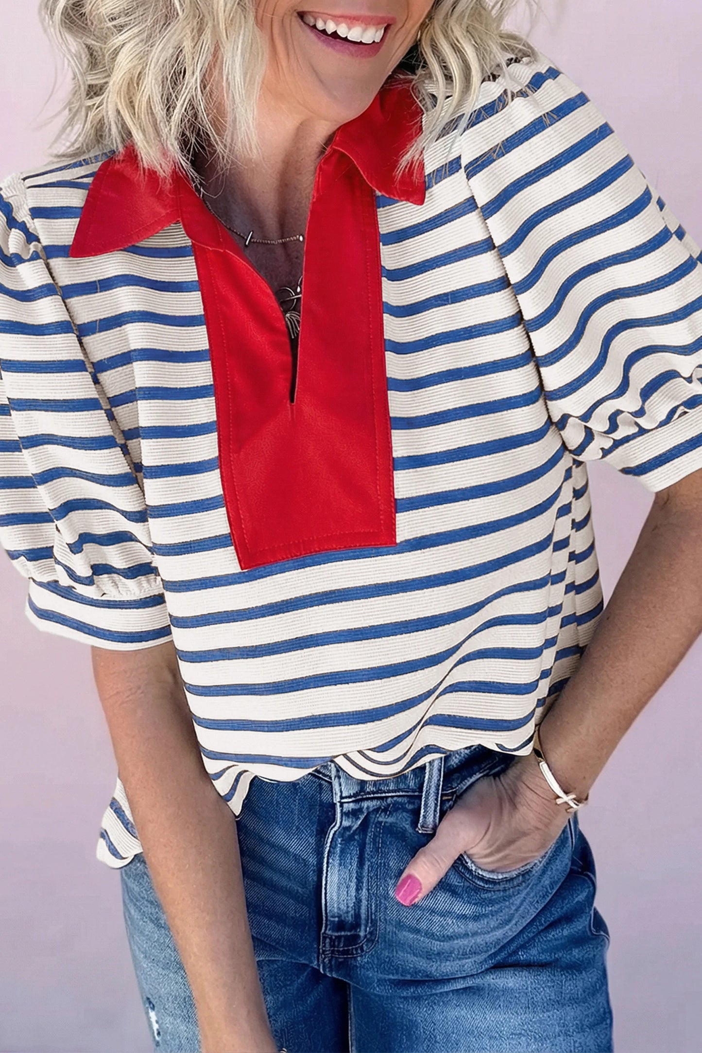 Blue Stripe Puff Sleeve Top