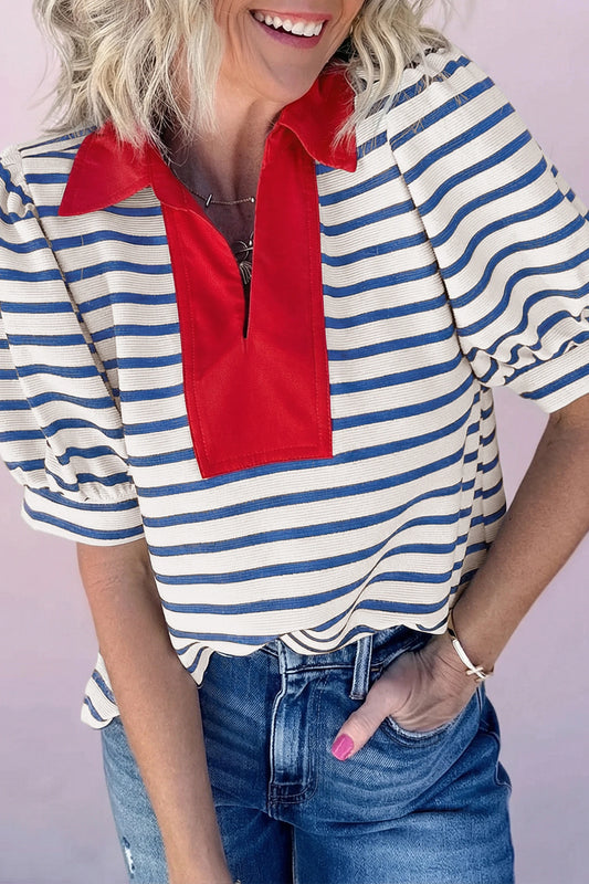 Blue Stripe Puff Sleeve Top