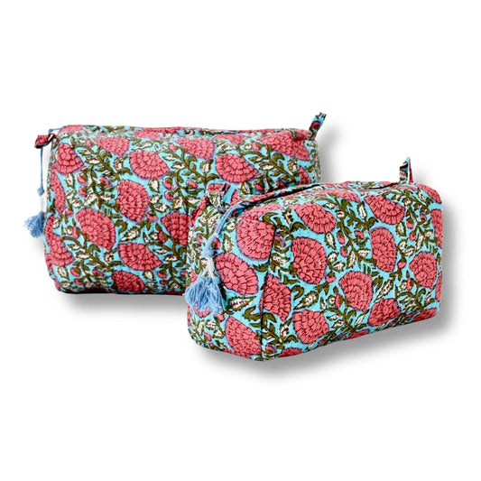 Quilted Teal Floral Cosmetic Bag Set