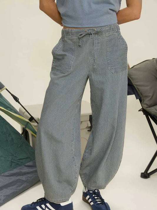 Stripe Denim Waist Tie Denim Bottoms