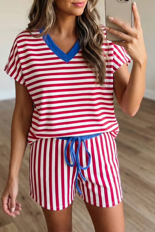 Red & Blue Stripe Contrast Short Set