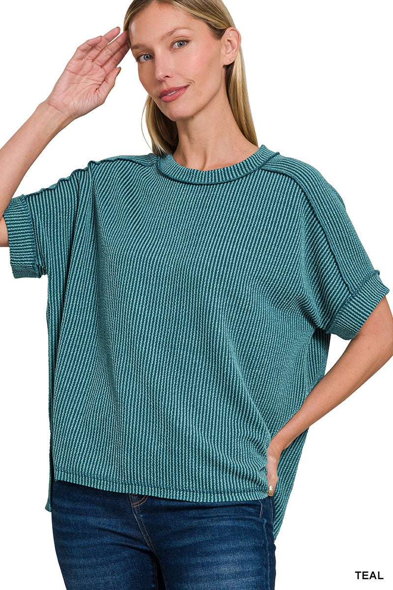 Zenana Corded Rib Cuff Sleeve Raw Edge Top