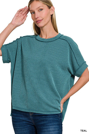 Zenana Corded Rib Cuff Sleeve Raw Edge Top