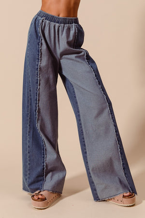 FRONT FRAYED CUT SEAM WIDE LEG WASHED DENIM JEANS