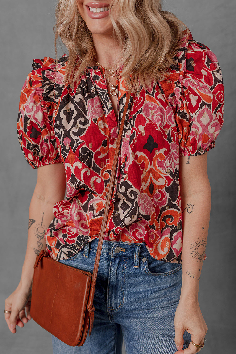 Sunrise Ethnic Print Split Neck Top