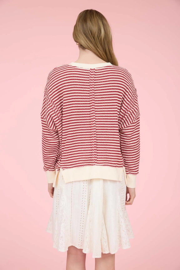 Stripe Exposed Seam Split Hem Long Sleeve Knit Top