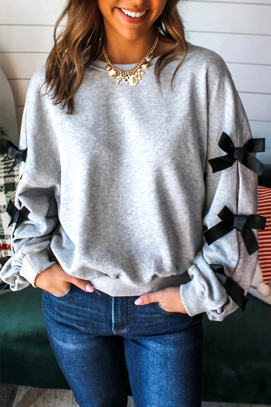 Gray Bow Detail Long Sleeve Sweatshirt Top