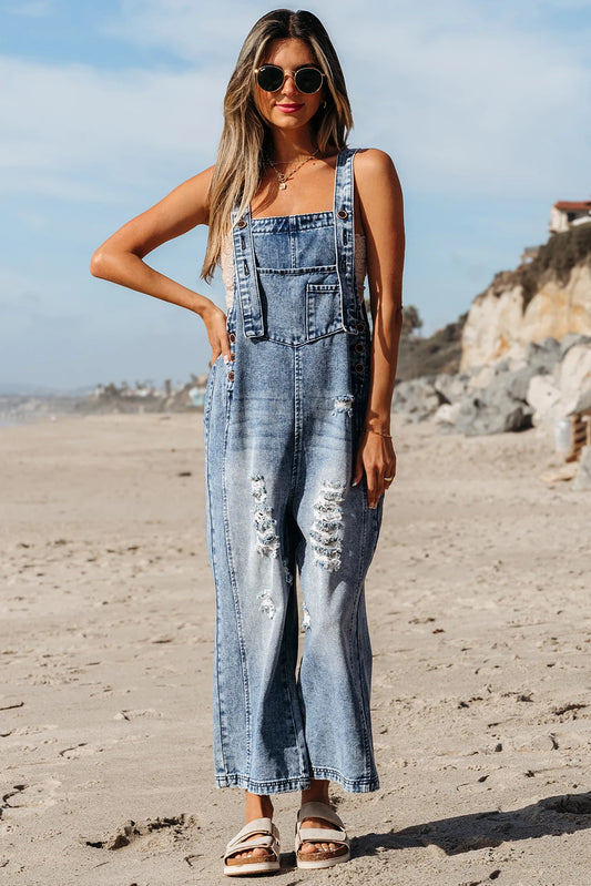 Blue Distressed Bib Pocket Wide Leg Denim Overall
