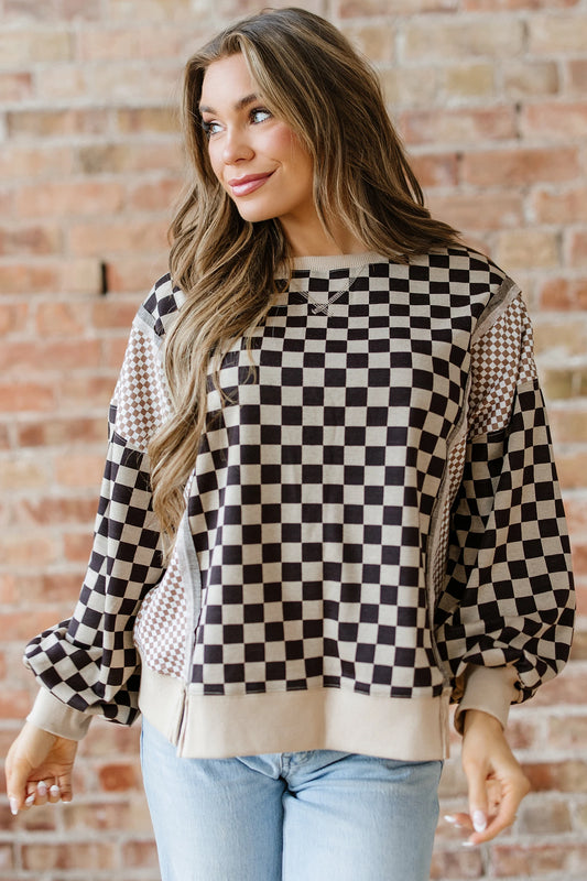 Khaki Mixed Checked Print Pullover Top