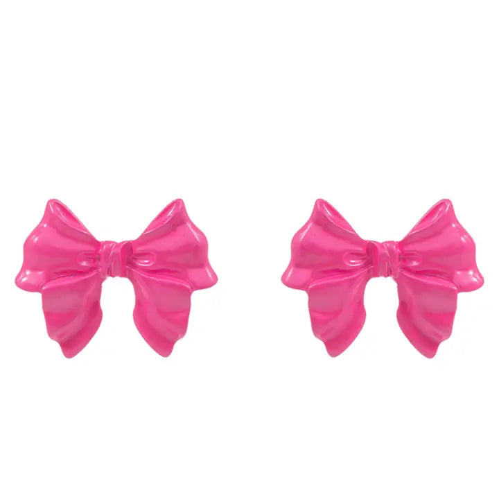 Pink Bow Ribbon Knob Stud Post Earrings