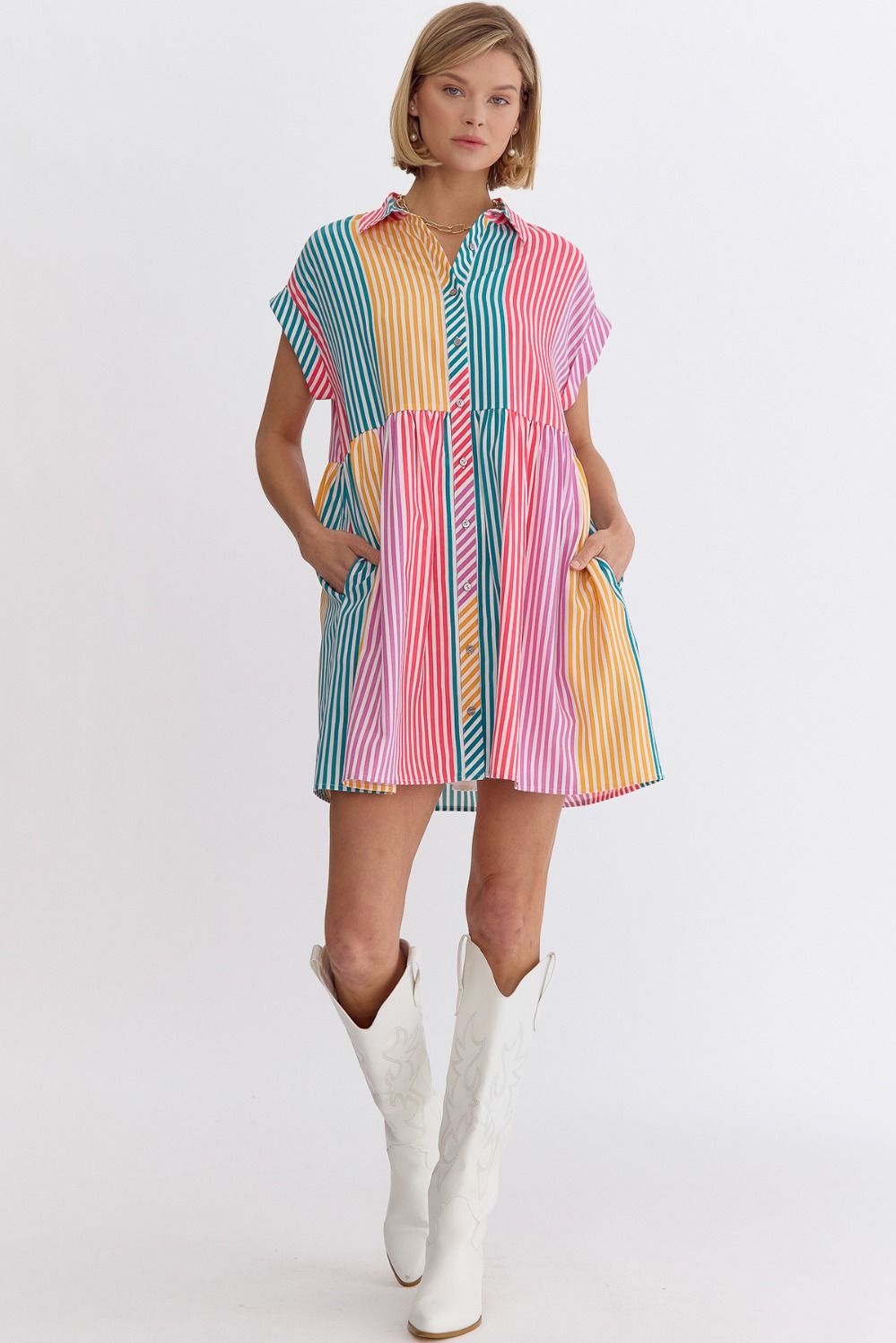 Entro Striped Collared Button Up Dress