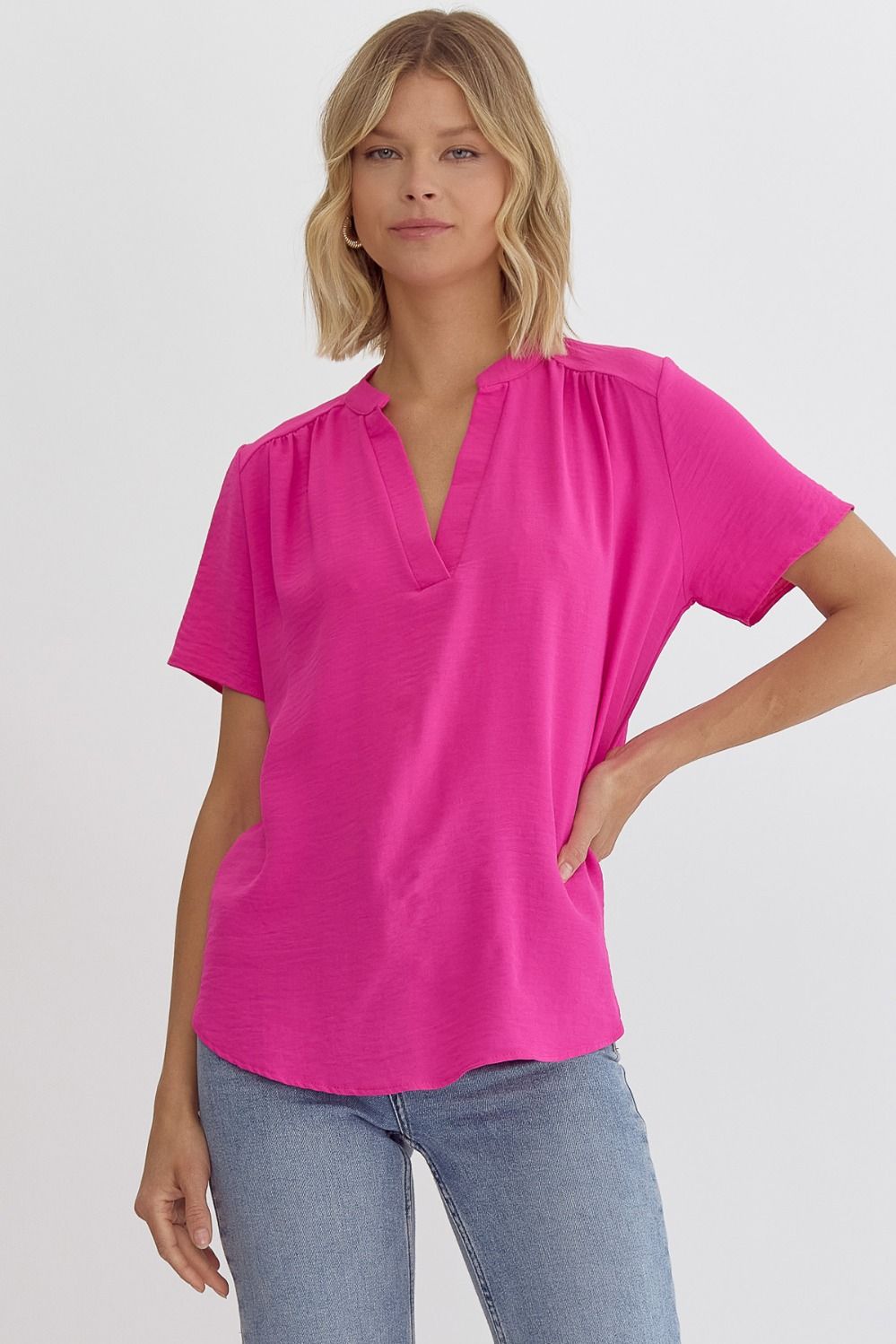 Entro Solid V-Neck Placket Top