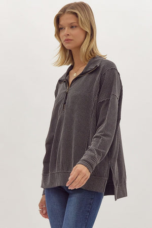 Entro Solid Ribbed Half-Zip Split Hem Top