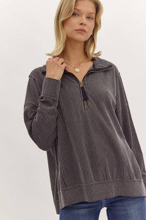 Entro Solid Ribbed Half-Zip Split Hem Top