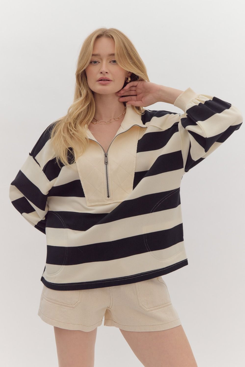 Entro Stripe Long Sleeve Collared 3/4 Zip Pullover Top