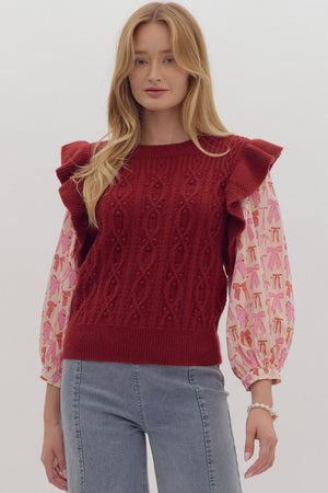 Entro Ruffle Knit 3/4 Bow Sleeve Sweater