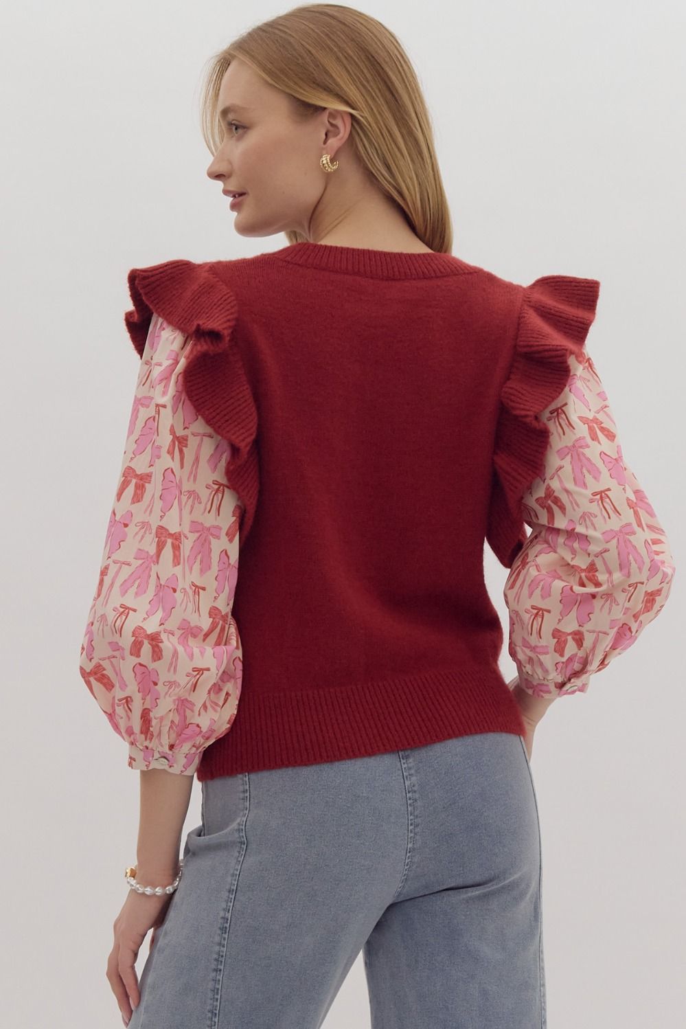 Entro Ruffle Knit 3/4 Bow Sleeve Sweater