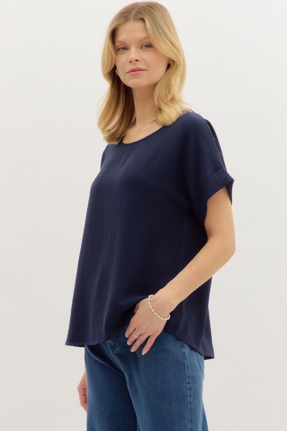 Entro Classic Round Neck Rolled Sleeve Top