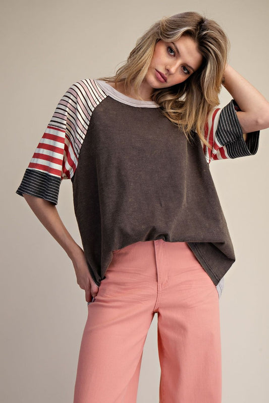 Earthy Mixed Print Washed Short Sleeve Top