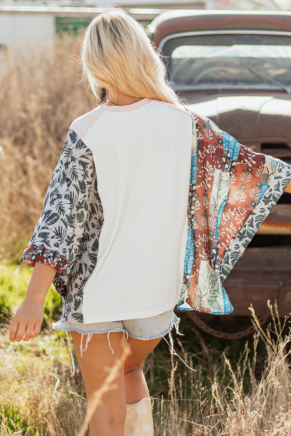 Amber Patchwork Sleeve Peace Desert Graphic Top