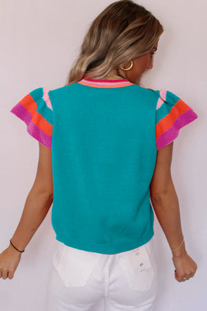 Tesse Turquoise Contrast Flutter Sleeve Sweater Top