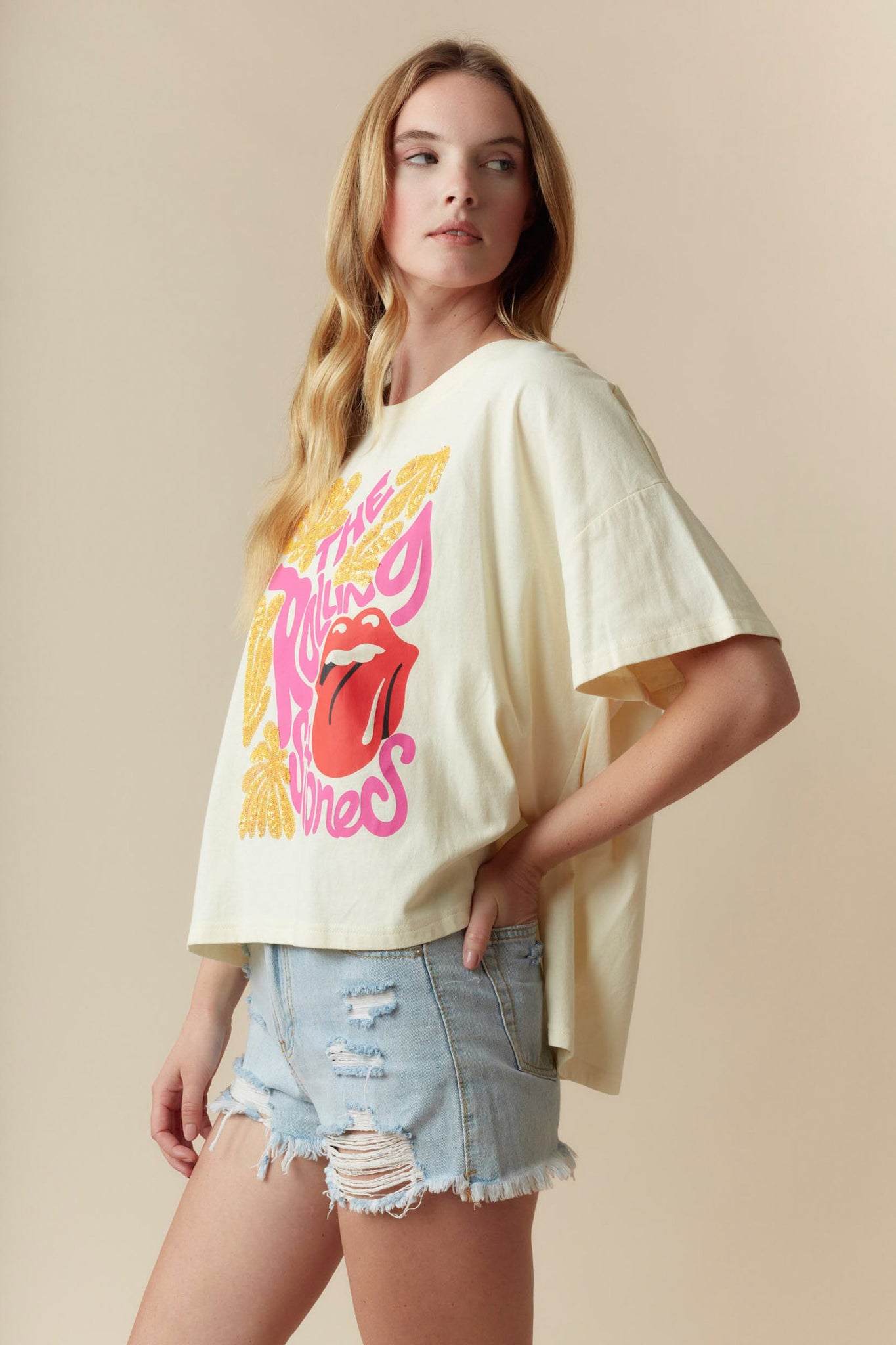 Licensed Rolling Stones Box Fit Tee with Side Slit with Sequins and Printed