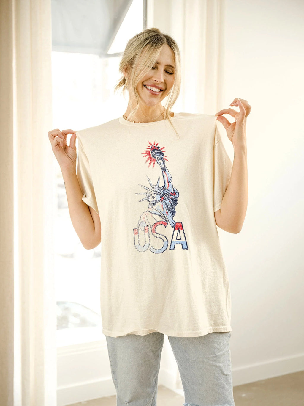Miss Liberty Off White Thrifted Distressed Graphic Tee by LivyLu
