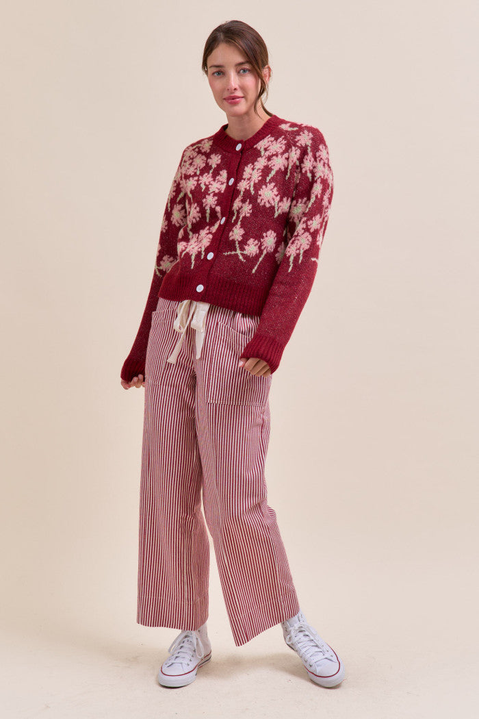 Dark Red Striped Wide Leg Pants