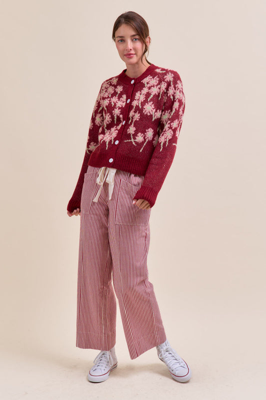 Dark Red Striped Wide Leg Pants