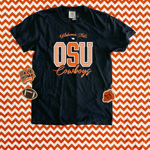 **Coming Soon**OSU Mixed Pattern Gingham & Chevron Graphic Tee by Calamity Jane's Apparel