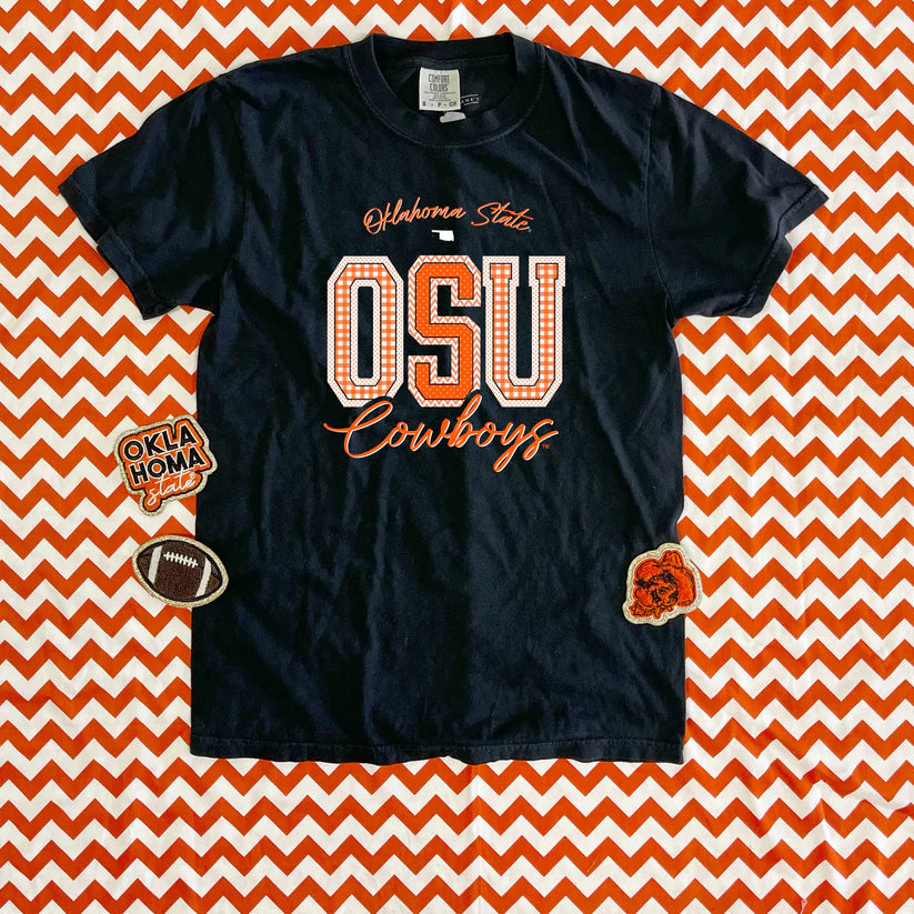 **Coming Soon**OSU Mixed Pattern Gingham & Chevron Graphic Tee by Calamity Jane's Apparel