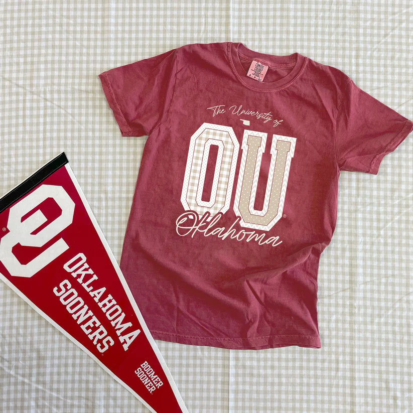 **Coming Soon**2025: OU Mixed Pattern Gingham & Chevron Graphic Tee by Calamity Jane's Apparel