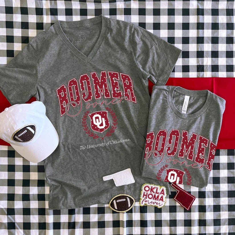 CJ Boomer Sooner Polkadot Vintage Collegiate V-Neck Graphic Tee