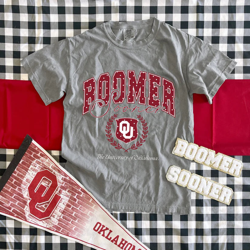 **Coming Soon**Boomer Sooner Polkadot Vintage Collegiate Graphic Tee by Calamity Jane's Apparel