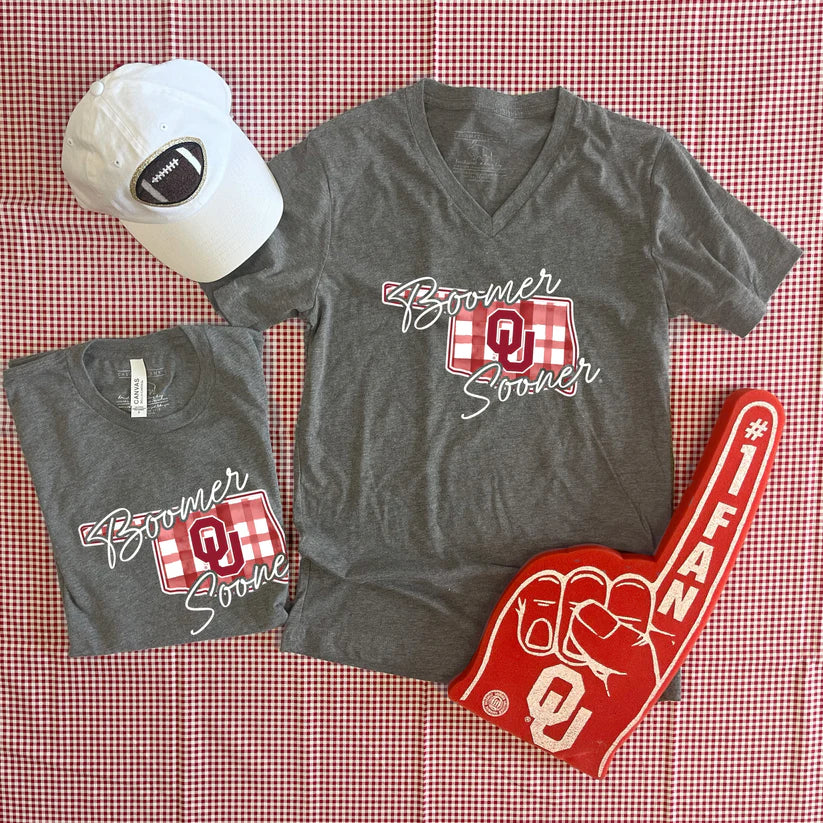 CJ Boomer Sooner Watercolor Plaid State V-Neck Graphic Tee