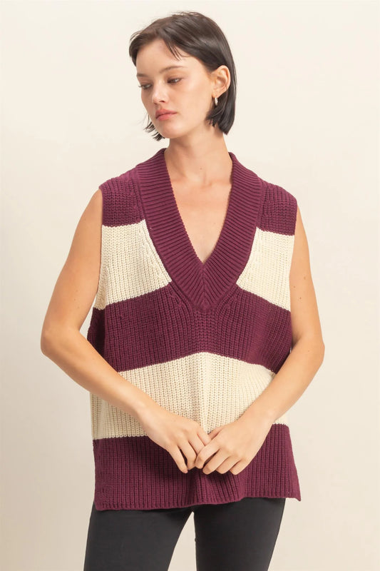Striped V-Neck Side Slit Sweater Vest