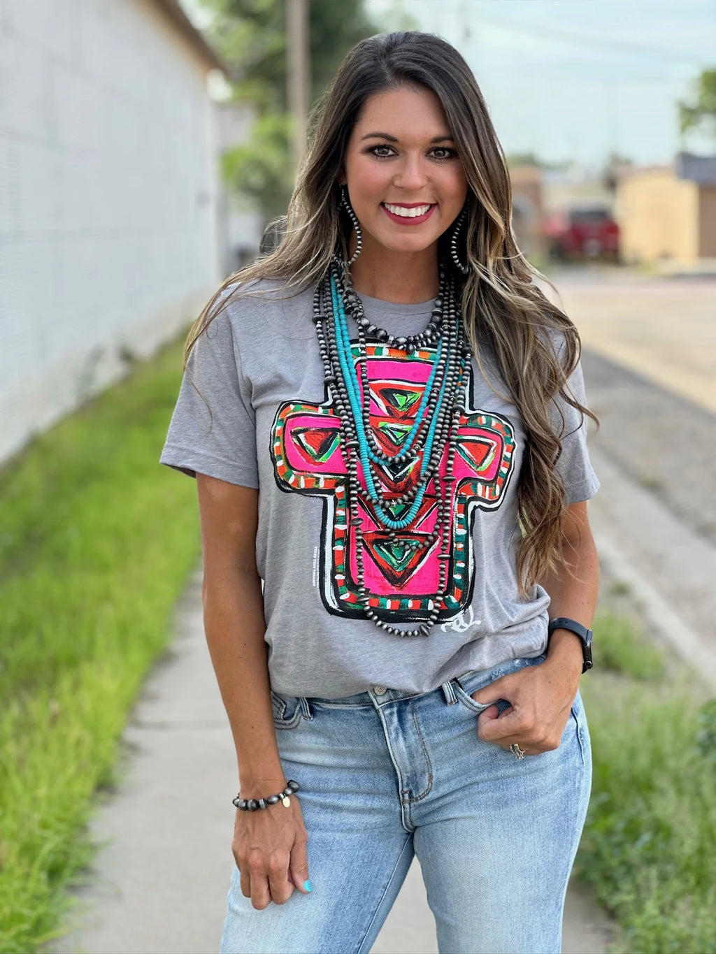 Callie Ann Stelter's V-Neck Neon Cross Tee by Texas True Threads