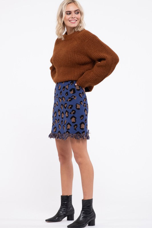 Blu Leopard Fringe Hem Sweater Skirt