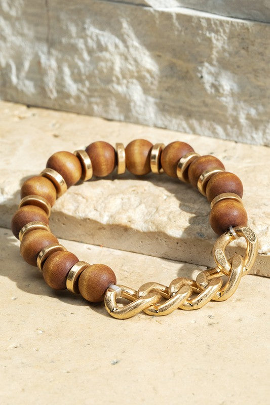 Wood Beaded Link Chain Stretch Bracelet