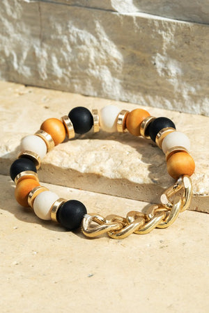 Wood Beaded Link Chain Stretch Bracelet