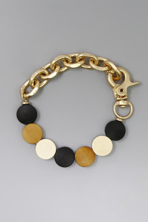 Flat Wood Bead Link Chain Stretch Bracelet