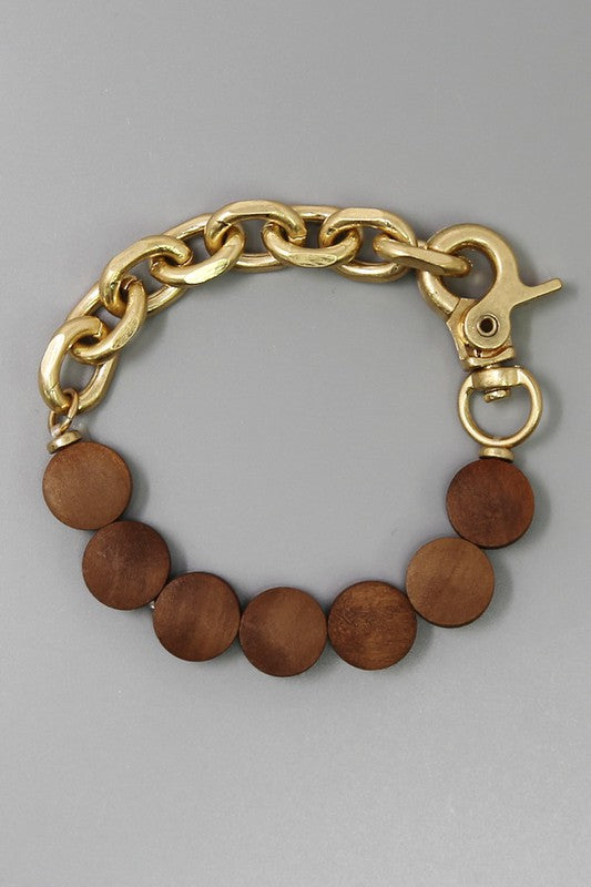 Flat Wood Bead Link Chain Stretch Bracelet