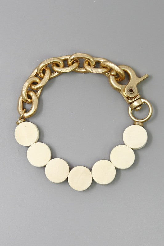 Flat Wood Bead Link Chain Stretch Bracelet