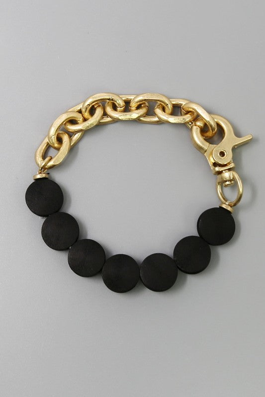 Flat Wood Bead Link Chain Stretch Bracelet