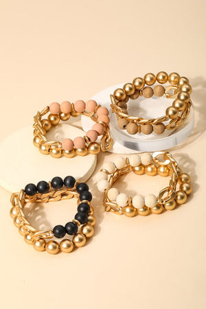 Wood Bead/Chain Stretch Bracelet Set
