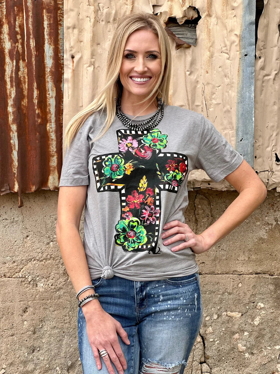 Callie Ann Black Floral Cross Graphic Tee by Texas True Threads