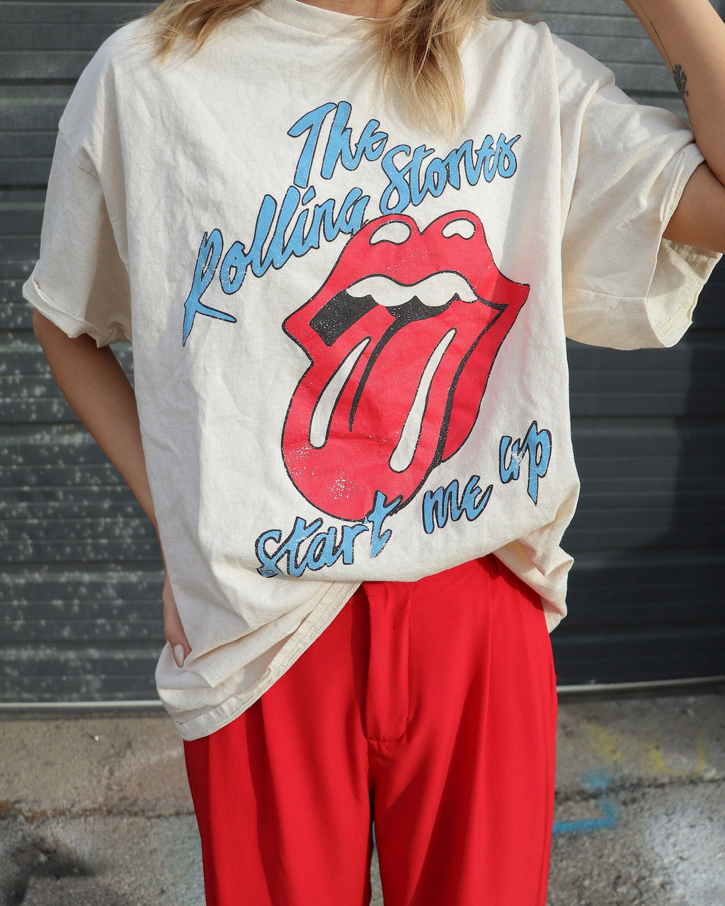 LivyLu Rolling Stones Start Me Up Off White Thrifted Distressed Graphic Tee