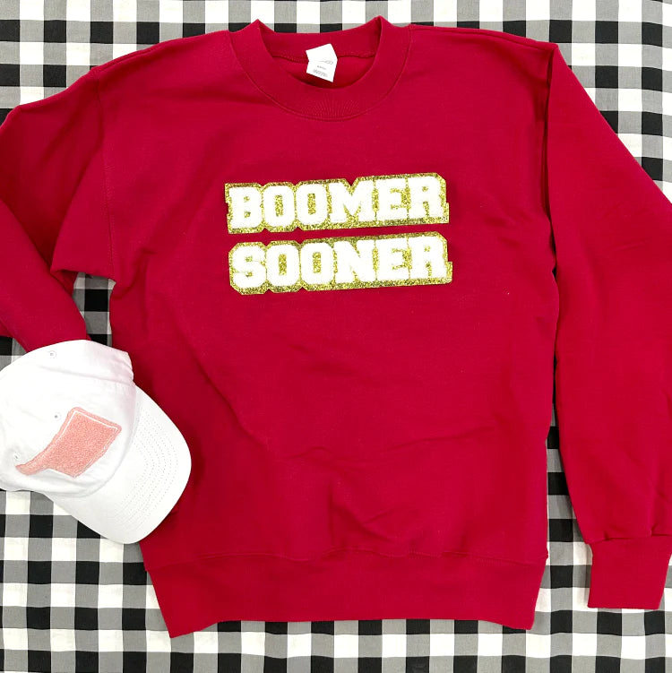 Calamity Jane's Apparel Univ. of OK Boomer Sooner Chenille Patches Sweatshirt