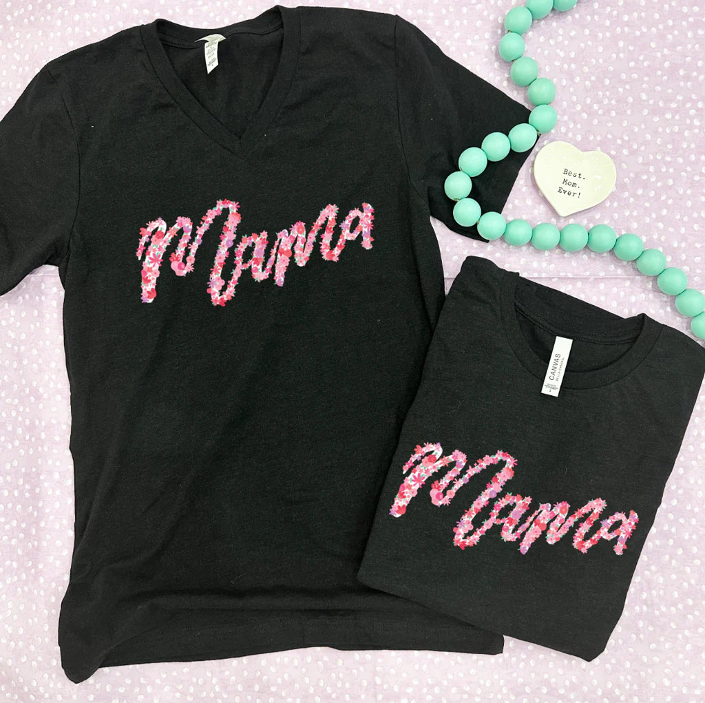 Calamity Jane's Apparel Mama Floral Letters V-Neck Graphic Tee