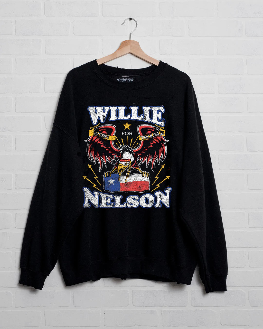 LivyLu Willie Nelson Born For Trouble Black Thrifted Sweatshirt